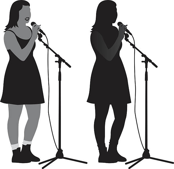 Girl Singing Into Microphone Silhouette Vector silhouette of a girl singing into a microphone with a microphone stand. pep rally stock illustrations