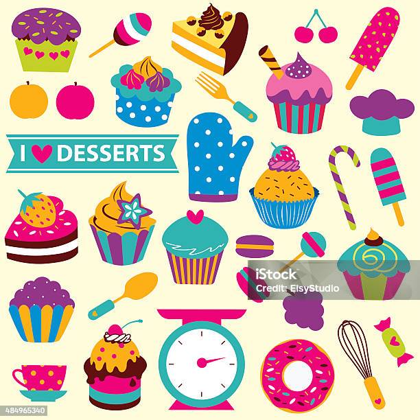 Cupcakes Elements Clip Art Set Stock Illustration - Download Image Now - 2015, Afternoon Tea, Arts Culture and Entertainment