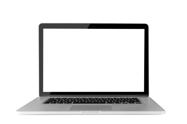 macbook pro avec vide écran plat et ordinateur tracé de détourage. - apple macintosh photos photos et images de collection