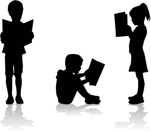 ilustrações de stock, clip art, desenhos animados e ícones de silhueta de uma criança a ler um livro em. - climbing clambering silhouette men