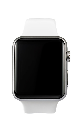 Istanbul, Turkey - August 11, 2015: A 42mm stainless steel Apple Watch with white sports band. The Apple Watch became available April 24, 2015, bringing a new way to receive information at a glance, using apps designed specifically for the wrist.