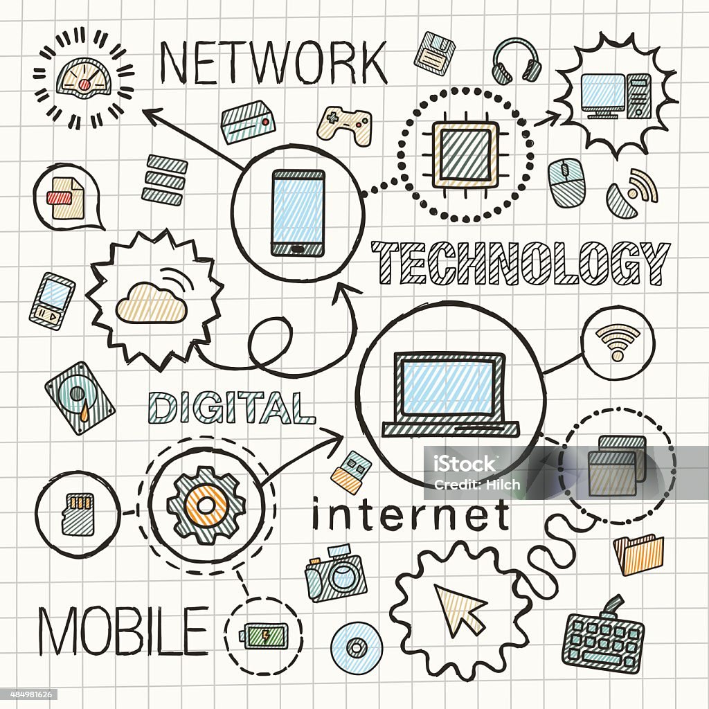 Technology hand draw integrated icons set. Vector sketch infographic illustration. Technology hand draw integrated color icons set. Vector sketch infographic illustration. Line connected doodle hatch pictograms on paper: computer, digital, network, internet, media, mobile concepts Technology stock vector