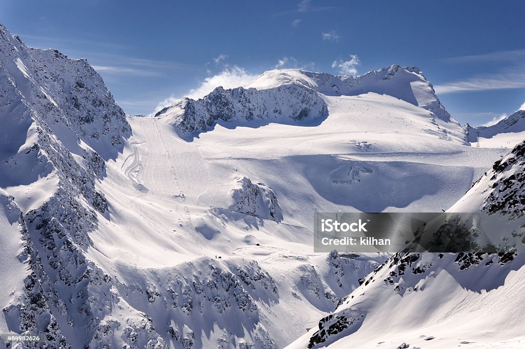 Ski area on Rettenbach Glacier, Solden, Austria Ski pistes and lifts on Glacier in Solden ski resort in Otztal Alps in Tirol, Austria Running Stock Photo