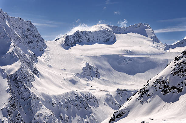 Ski area on Rettenbach Glacier, Solden, Austria Ski pistes and lifts on Glacier in Solden ski resort in Otztal Alps in Tirol, Austria rettenbach glacier stock pictures, royalty-free photos & images