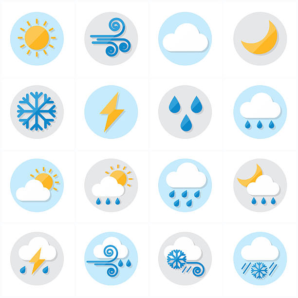 illustrazioni stock, clip art, cartoni animati e icone di tendenza di icone piatto icone meteo vettoriale illustrazione - sun weather symbol computer icon