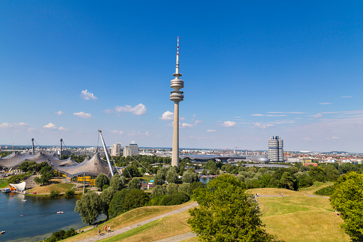 Bright blue sky on a sunny day in Olympiapark in Munich, Germany. Famous landmark