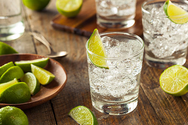 Alcoholic Gin and Tonic Alcoholic Gin and Tonic with a Lime Garnish vodka stock pictures, royalty-free photos & images