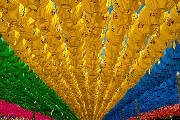 Colorful lanterns for Buddhist festival at Seokguram Grotto in Korea