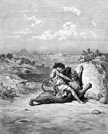Engraving from 1880 showing Samson slaying the lion from the Biblical story.