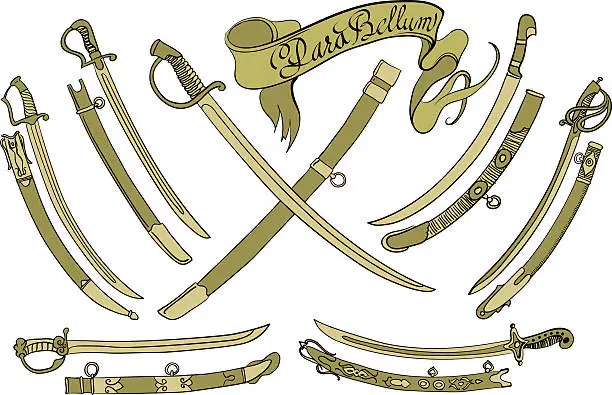 Vector illustration of Set of seven different swords with scabbards