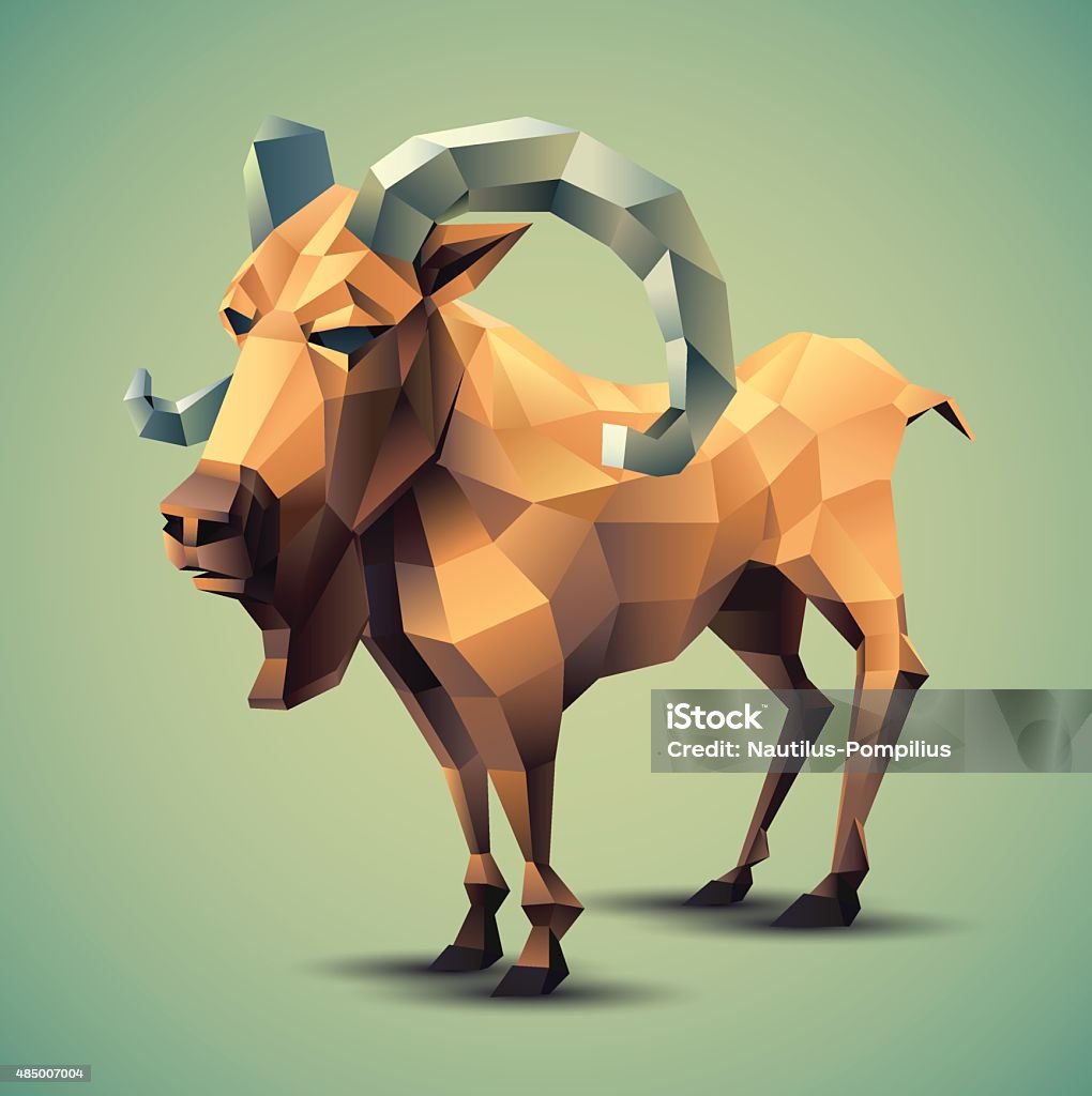 Polygonal Goat Vector Illustration of Colorful Beige Polygonal Goat with Grey Horns on Blue Green Background 2015 stock vector