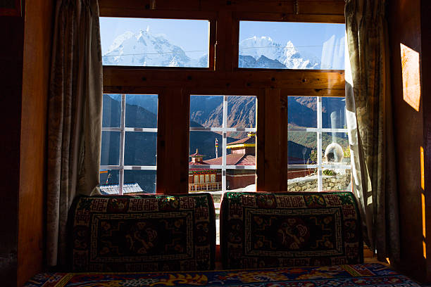 istock Mountains snow peaks buddhist monastery window view, Nepal. 485007360