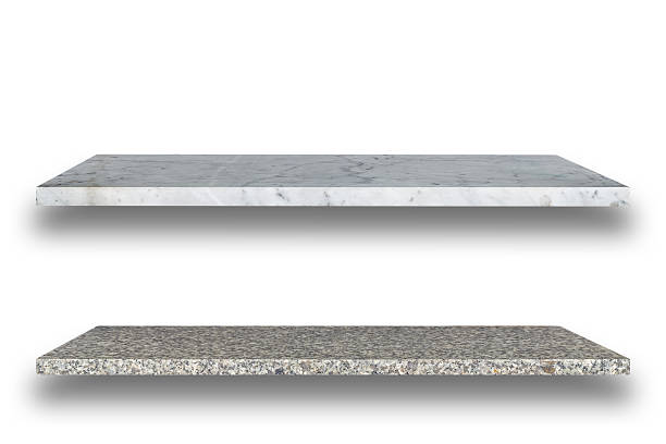 istock Empty top of natural stone shelves isolated on white background 485007684