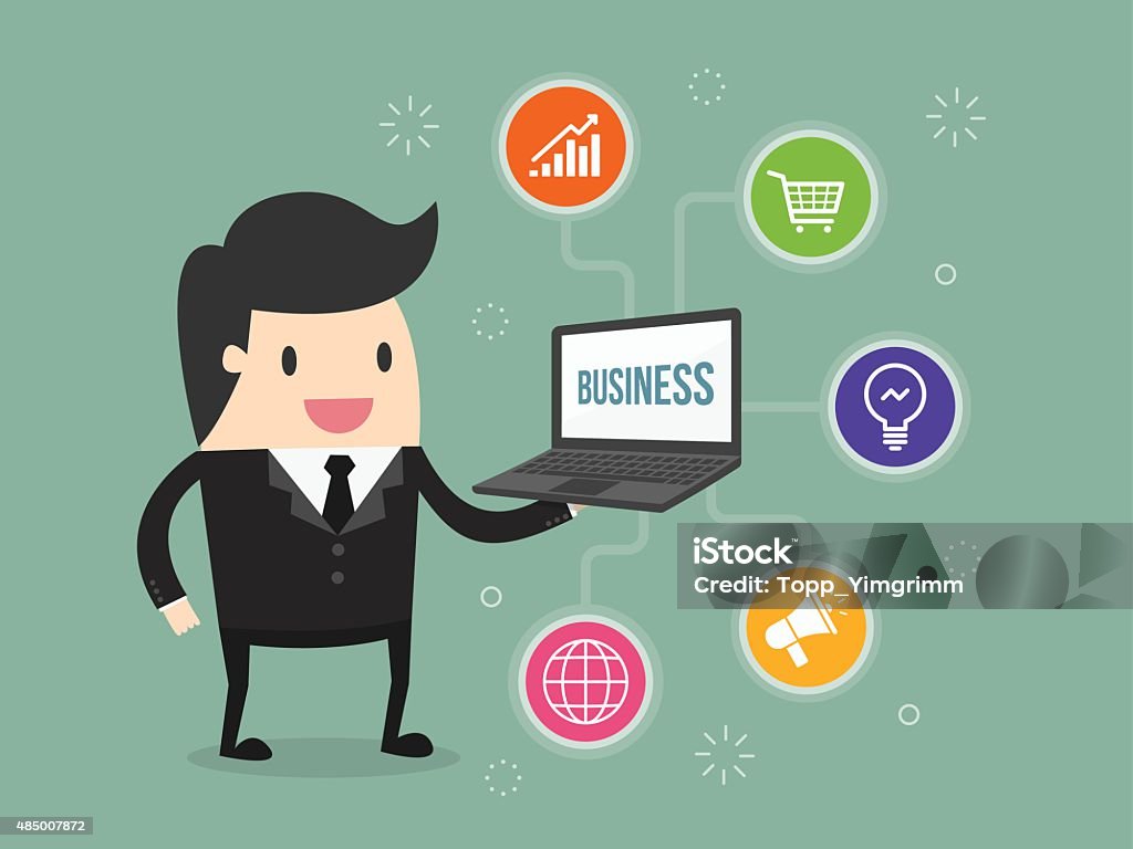 media businessman holding laptop with business icon Business stock vector