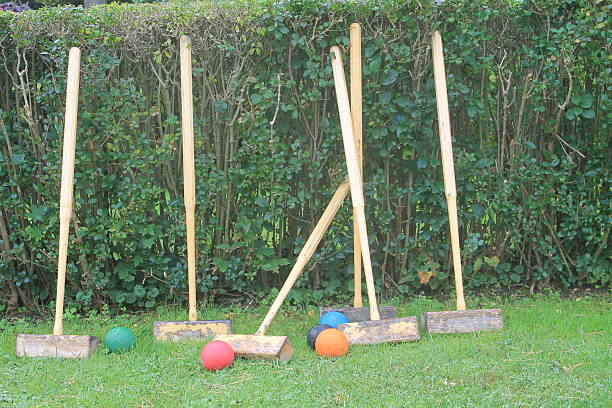 istock Vintage croquet set on grass 485008290