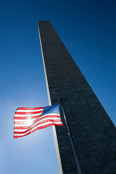 istock USA flag dark sky and Washington Monument 485011410