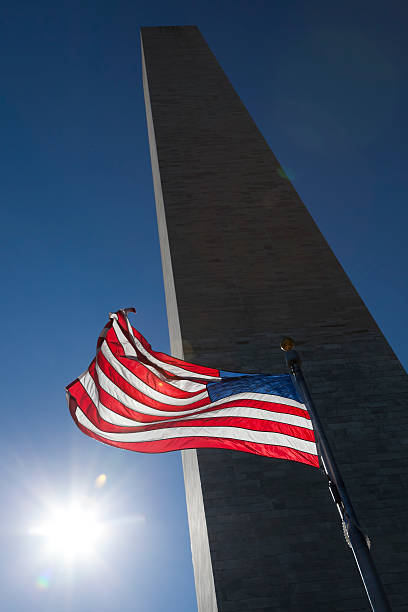 istock USA flag dark sky and Washington Monument 485011420