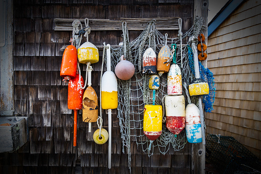 Old lobsters floats hanging on the wall