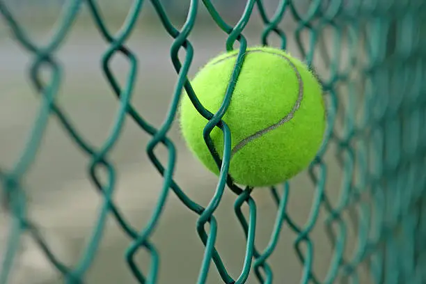 tennis ball in the green chainlink behind court