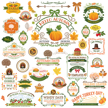 Fall Labels And Ornaments. A large collection of autumn decorations. Fall ornaments include banners, frames, pumpkins, and holiday elements. More than 30 elements. 