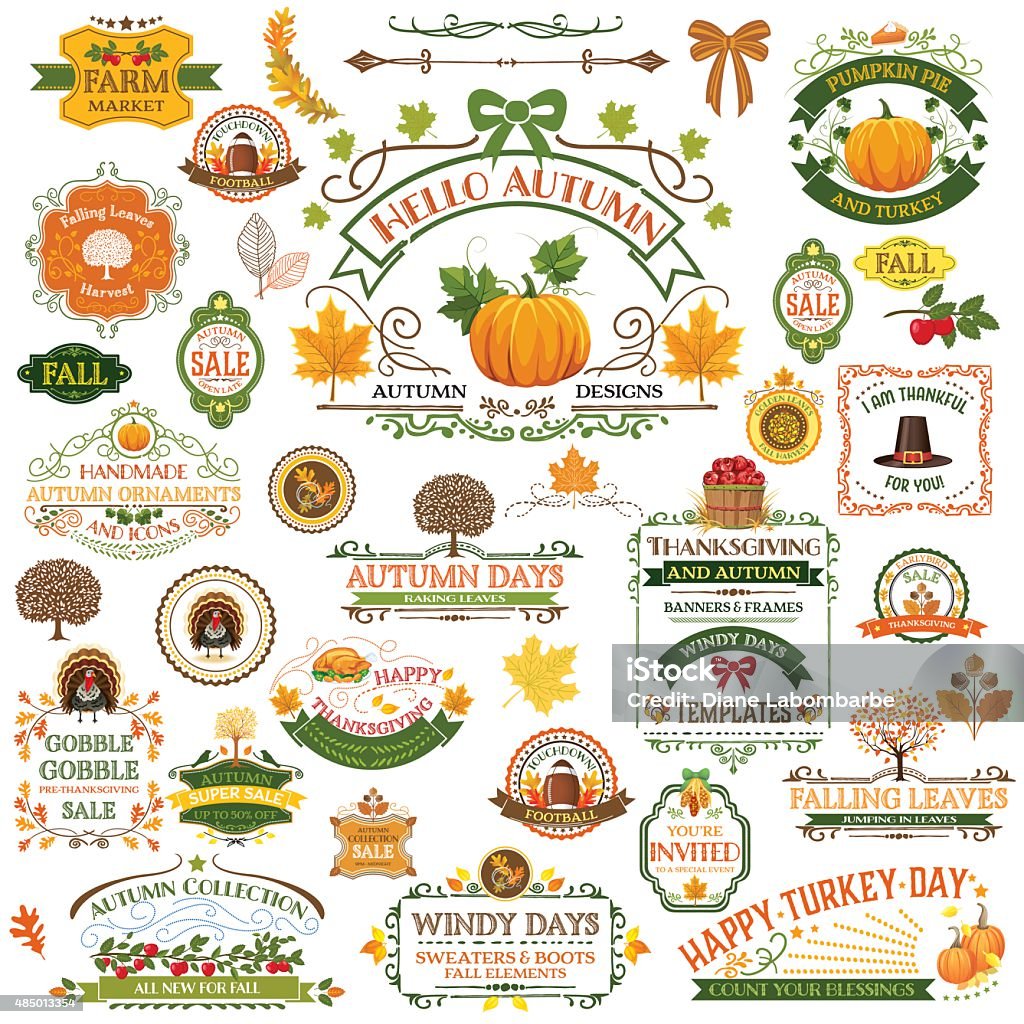 Fall Labels And Ornaments - Decorative elemnts Fall Labels And Ornaments. A large collection of autumn decorations. Fall ornaments include banners, frames, pumpkins, and holiday elements. More than 30 elements.  Autumn stock vector