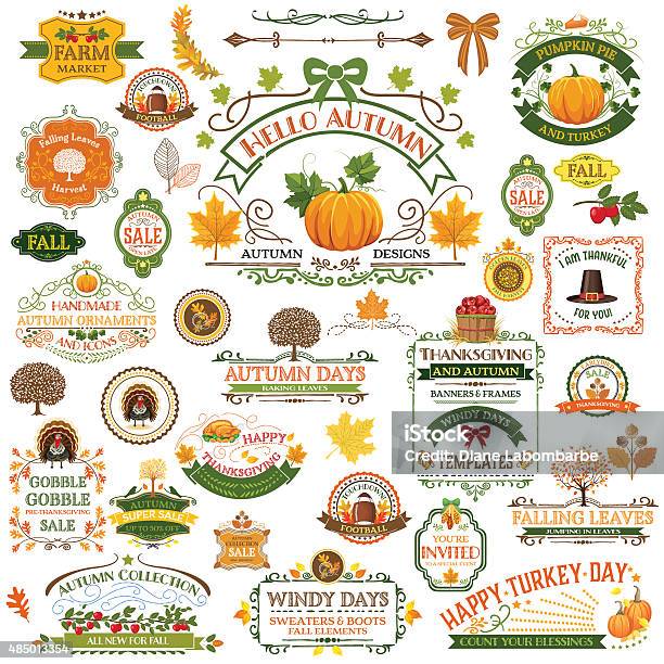 Fall Labels And Ornaments Decorative Elemnts Stock Illustration - Download Image Now - Autumn, Thanksgiving - Holiday, Icon Symbol