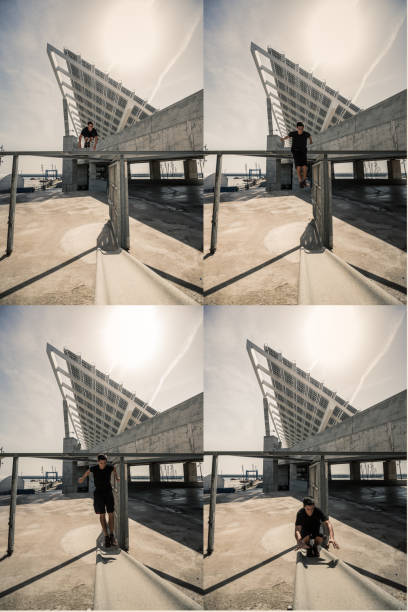 Parkour in the city Long jump Young man practicing parkour in the city of Barcelona in the Forum square area parkour sequence stock pictures, royalty-free photos & images