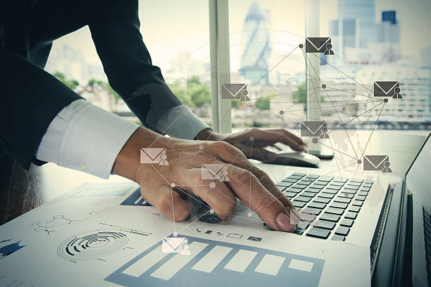 istock Close up of business man hand working on laptop computer 485022952