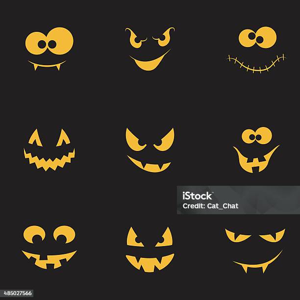 Vetores de Assustador Conjunto De Rostos e mais imagens de Lanterna de Halloween - Lanterna de Halloween, Rosto humano sorridente, Sorrindo