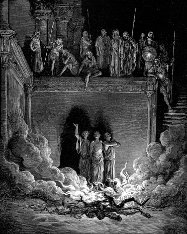 Engraving from 1880 showing the Fiery Furnace as told in the Bible.  In the story the three young men are saved from death by God after refusing to worship any other god.