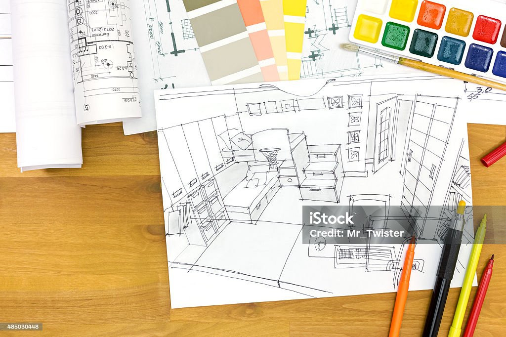 designers workplace with drawing material architects workspace picture with bedroom sketch and painting tools 2015 Stock Photo
