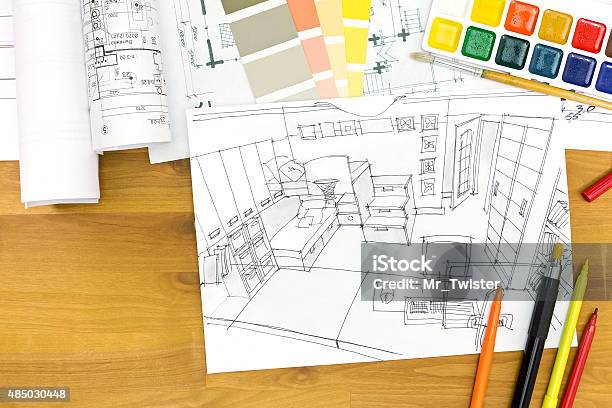 Designers Workplace With Drawing Material Stock Photo - Download Image Now - 2015, Architecture, Arrangement