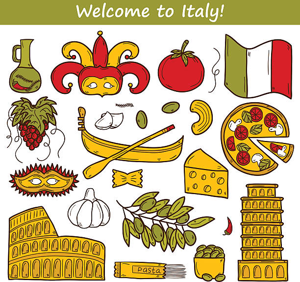 Set of cartoon objects in hand drawn style on Italy Set of cartoon objects in hand drawn style on Italy theme: gondla, food, mask, pisa, coliseum, olive oil, Vector travel concept for your design italy flag drawing stock illustrations