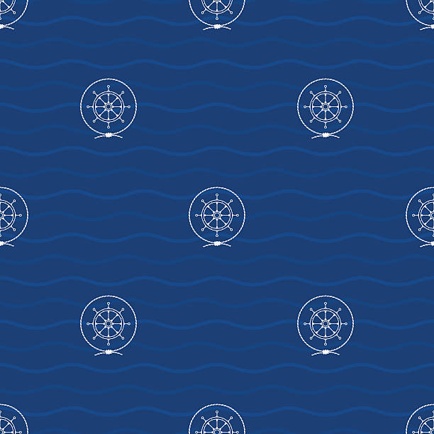 Seamless Pattern with Ship's Wheel Seamless Pattern with a Ship's Wheel  on a Background of Waves, a Ship's Wheel  in the Middle of a Rope on a Blue Background ,  Pattern with Marine Element for Web Design or Wallpaper or Fabric ferry nautical vessel industrial ship sailing ship stock illustrations