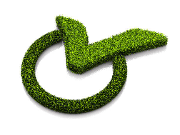 istock Green grassed check mark symbol in the circle on white 485033440