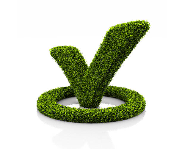 Green grassed check mark symbol in the circle on white stock photo