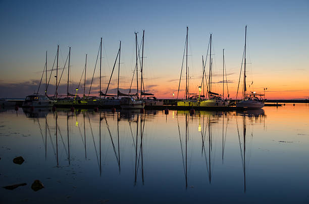 Twilight at a small harbor stock photo