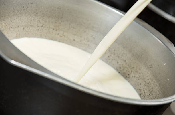 Milk Pouring into large pot stock photo