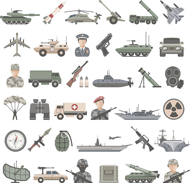 flache icons-armee - militärisches landfahrzeug stock-grafiken, -clipart, -cartoons und -symbole