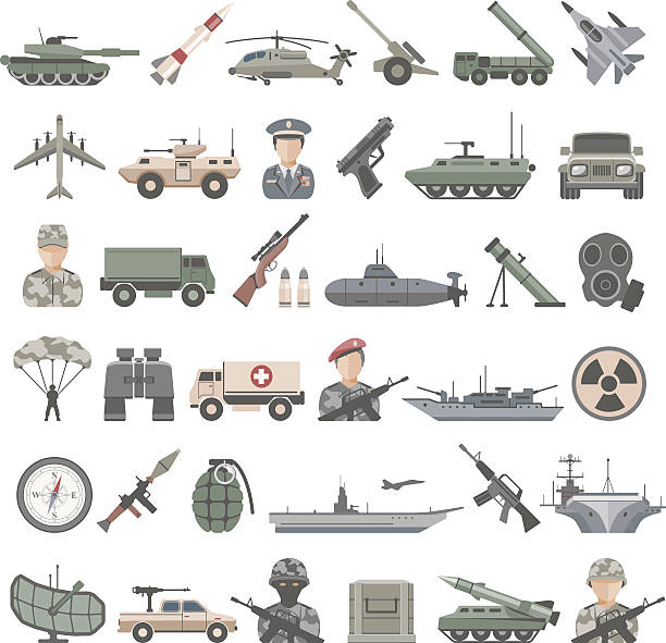 ilustraciones, imágenes clip art, dibujos animados e iconos de stock de iconos plana-ejército - portaaviones