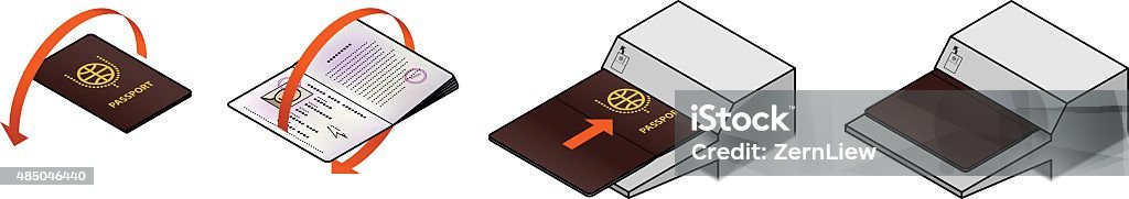 Passport Scanning Diagram / instructions to open passport to photo page and position it for scanning in a scanner. Passport stock vector