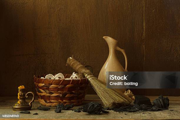 Still Life With Vintage Tools For Cleaning Stock Photo - Download Image Now - 2015, Backgrounds, Broom