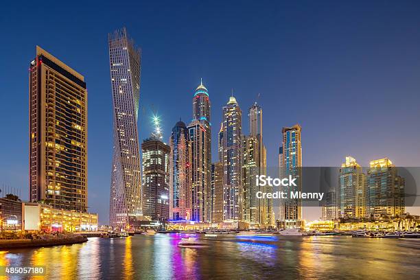 Dubai Skyline Marina At Night Stock Photo - Download Image Now - Dubai, Night, Dubai Marina