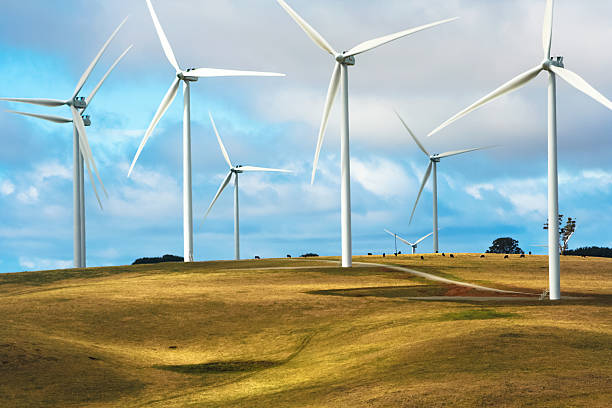 Wind turbine farm windmills creating energy on top of hill stock photo