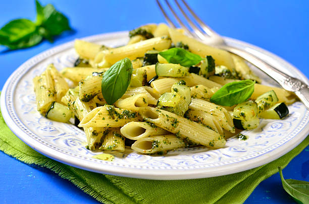 istock Penne with zucchini and basil pesto. 485068222