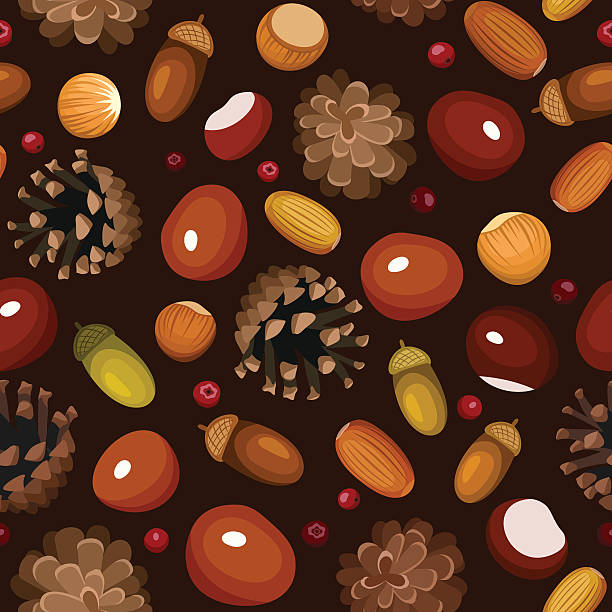 herbst nahtlose hintergrund mit verschiedenen trockenfrüchte.  vektor-illustration. - chestnut chestnut tree backgrounds seamless stock-grafiken, -clipart, -cartoons und -symbole