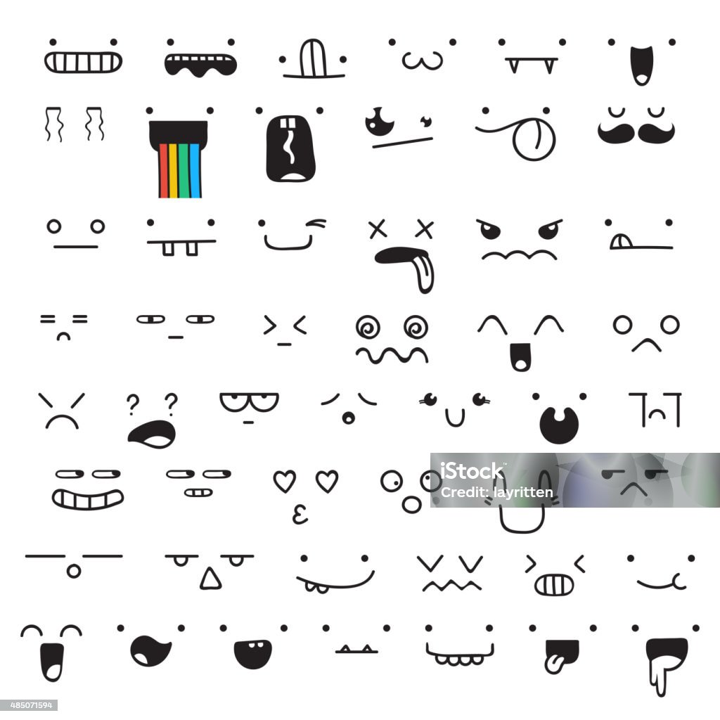 Set of 50 different pieces doddle emotions to create characters Set of 50 different pieces of doddle emotions to create characters. Emotions for design. Anime. Anger and joy. Surprised and hurt. Indifference and shock. Laughter and tears. Emotions handmade 2015 stock vector