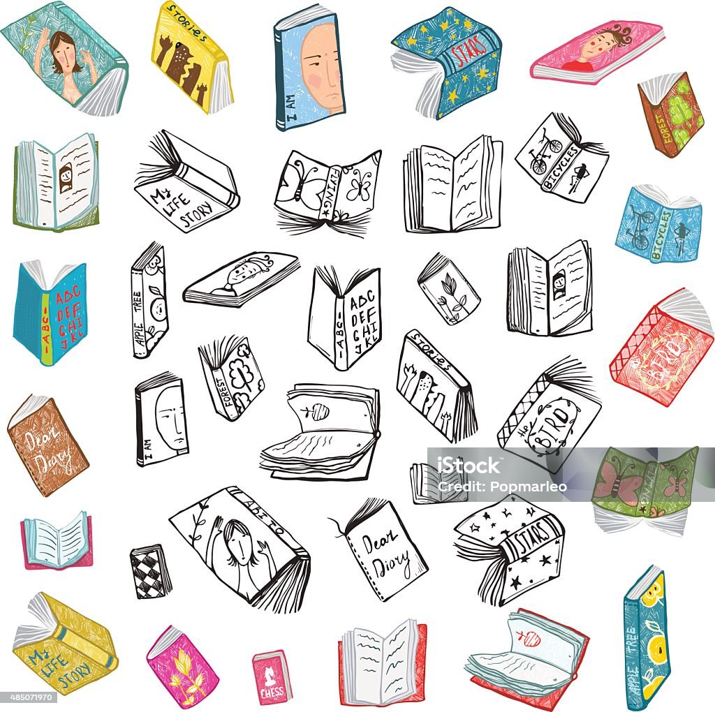Colorful Open Books Drawing Library Big Collection in Black Lines Big set of hand drawn brightly colored black and white outline literature covers illustration.  Book stock vector