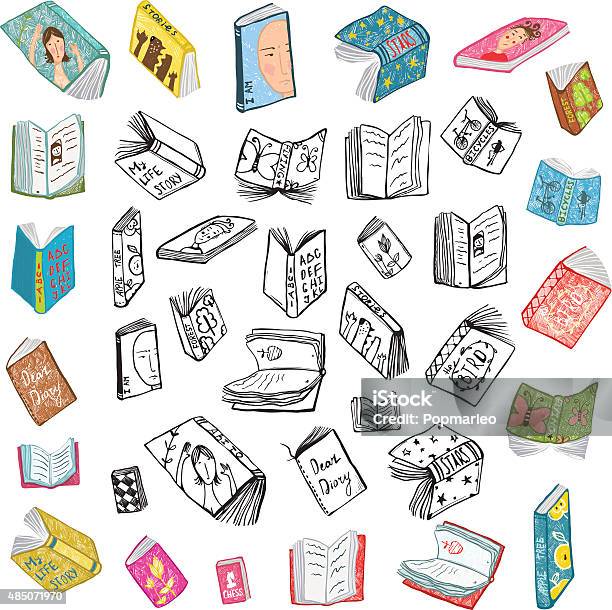 Colorful Open Books Drawing Library Big Collection In Black Lines Stock Illustration - Download Image Now