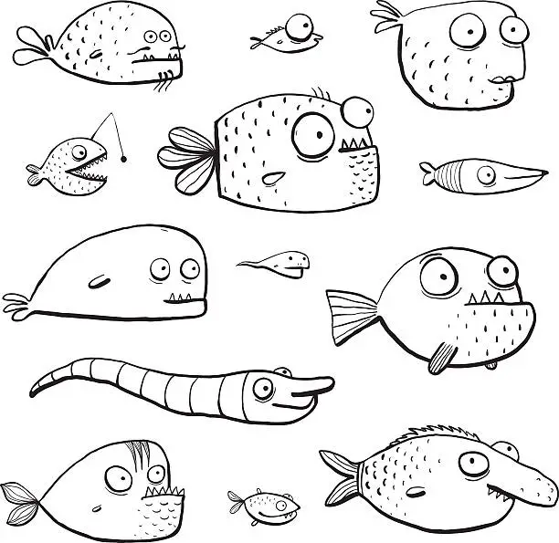 Vector illustration of Black Outline Humor Cartoon Swimming Fish Characters Collection Coloring Book